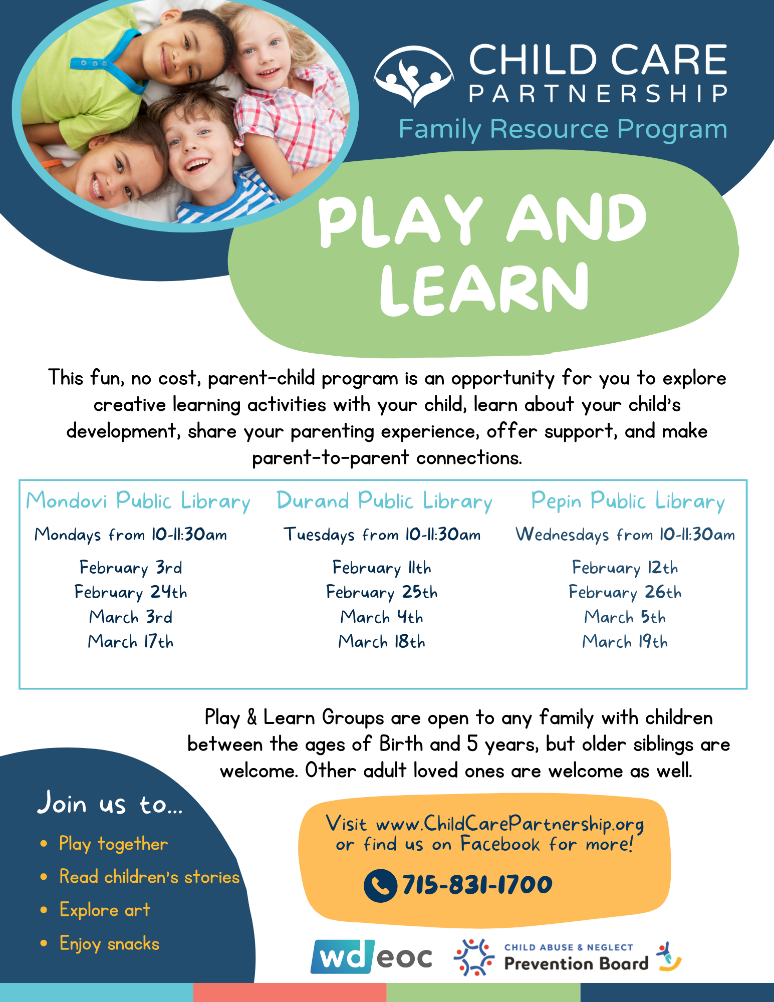 play and learn flyer with dates for events