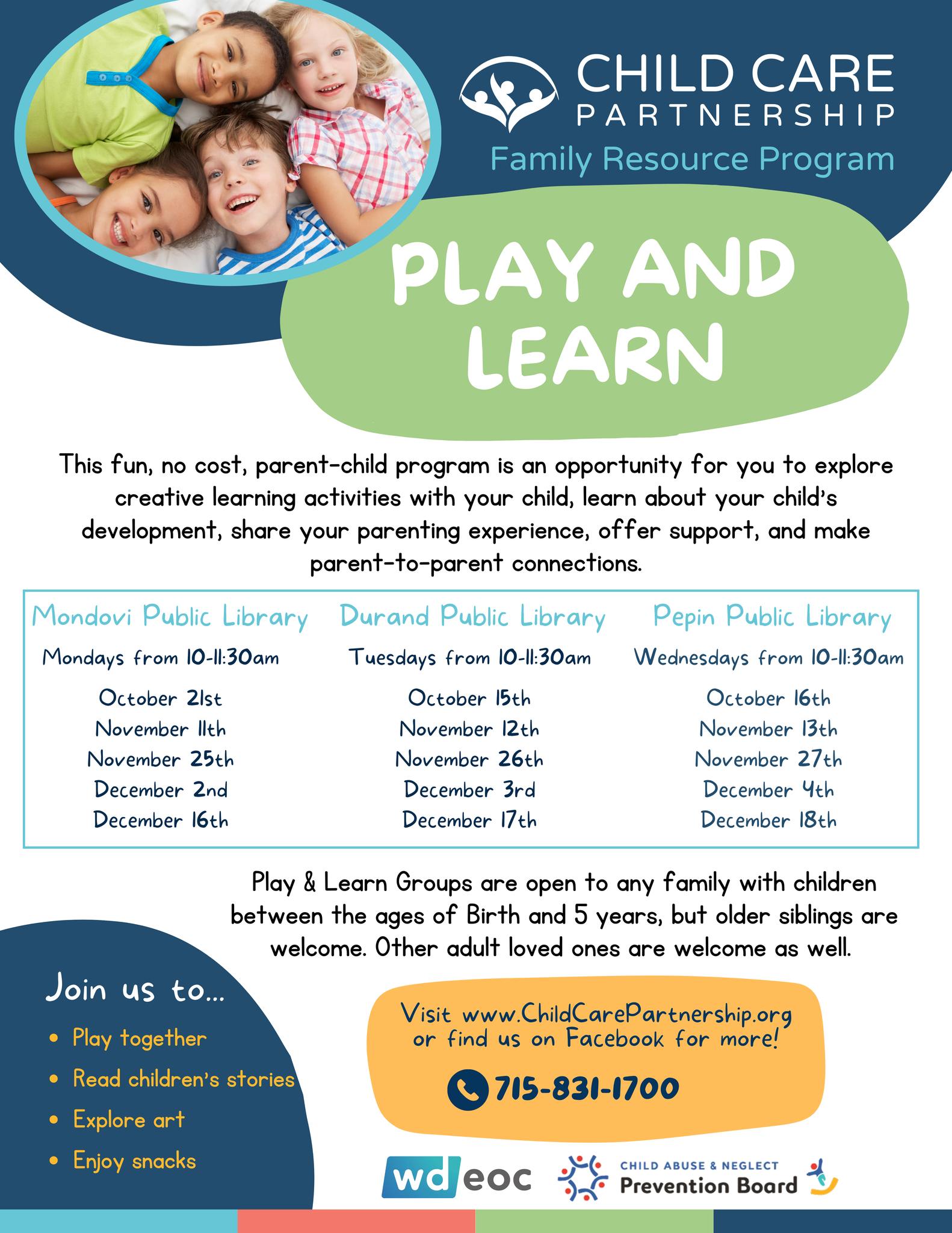 Play and learn groups will meet at Durand Library, Mondovi Library and Pepin Library twice a month in November and December