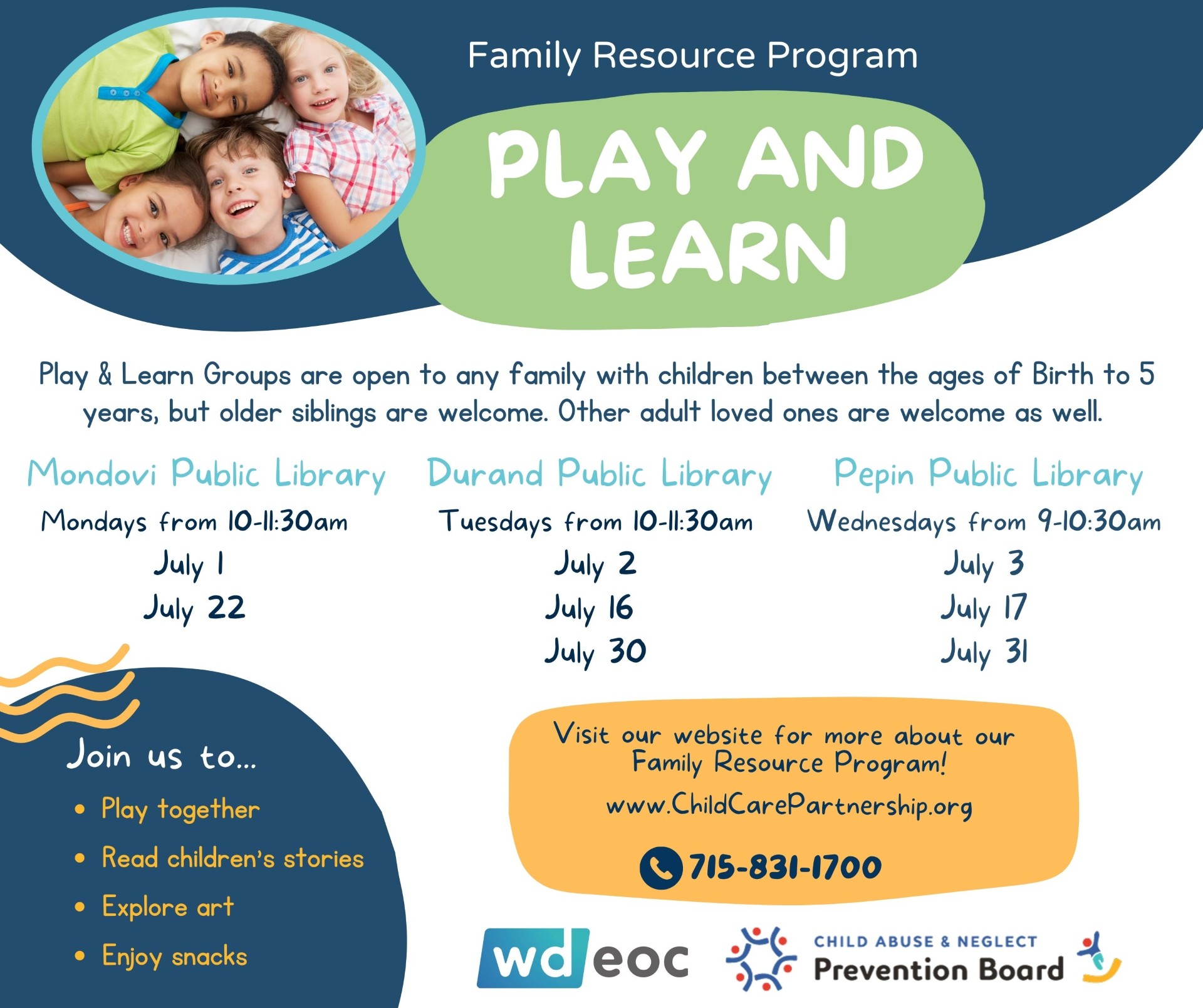 Flyer with times and dates for play and learn events