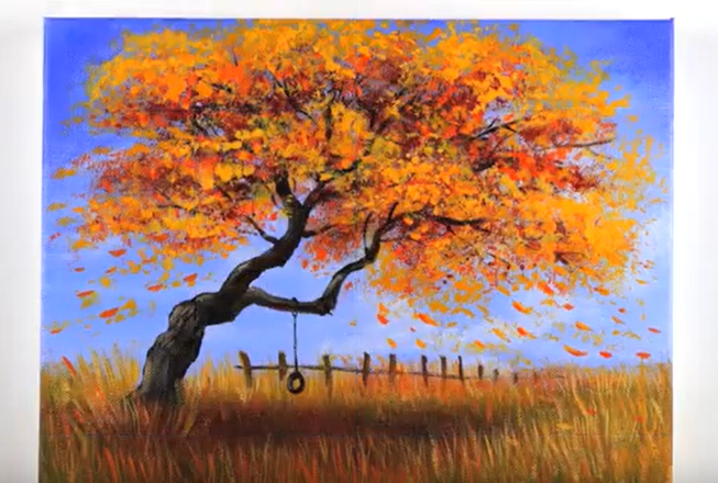 Painting of a tree in fall colors with a fence and tire swing