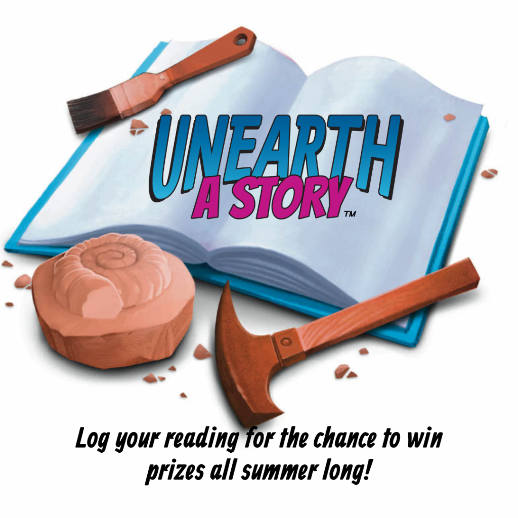 an open book with archeology tools and a fossile